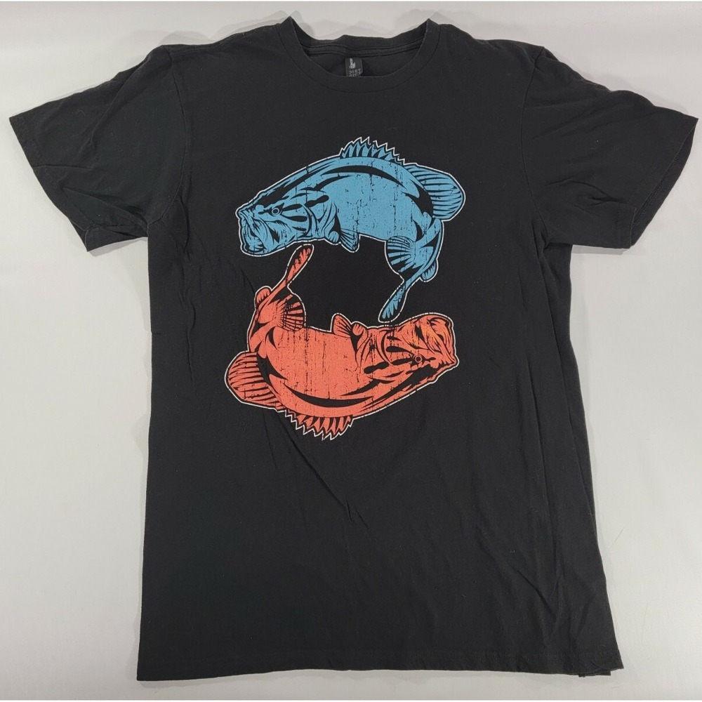 Bass Fishing T Shirt L Concert Tee Black Red‎ Fish Blue Fish EUC